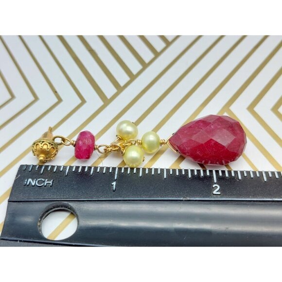 Maroon Teardrop Earrings Natural Stone 825 Gold Dangle Pearls Long 2.25" - Picture 6 of 6